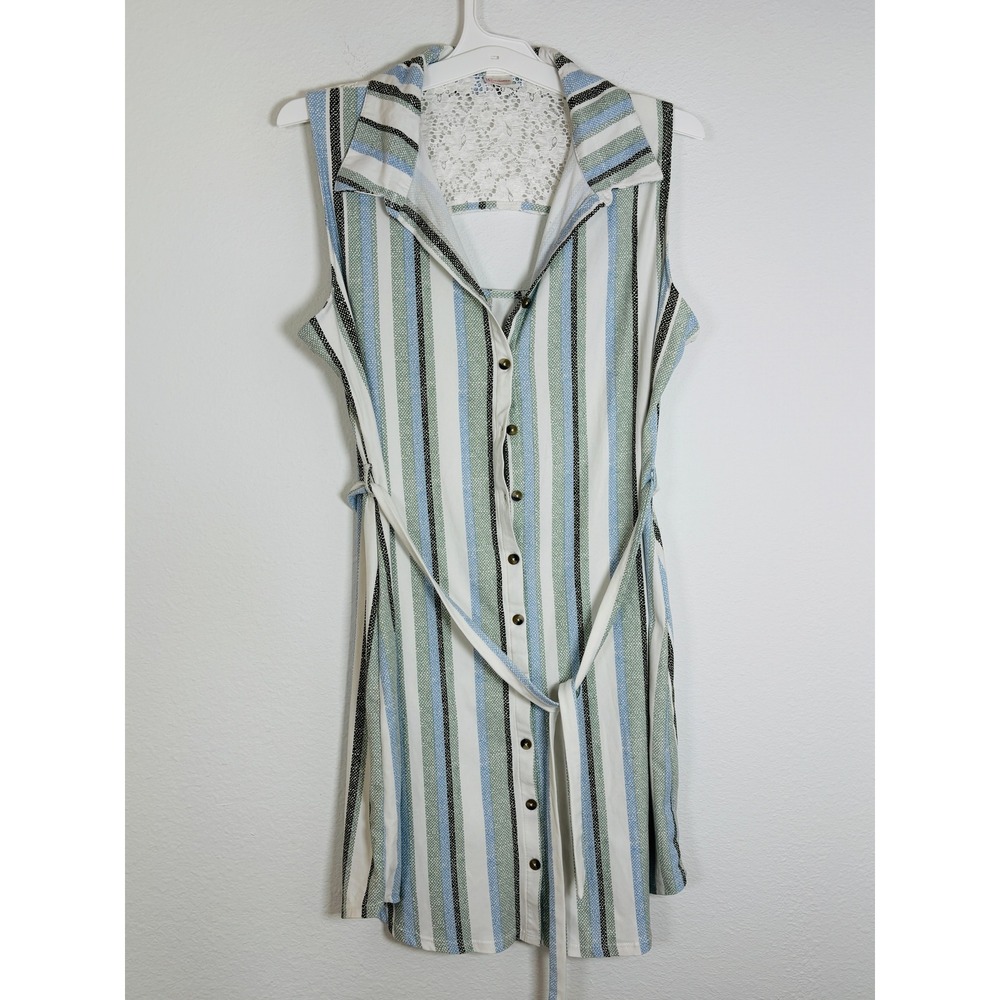 No Boundaries Blue Green Striped Sleeveless Button Down Lace Back Dress XL 15-17